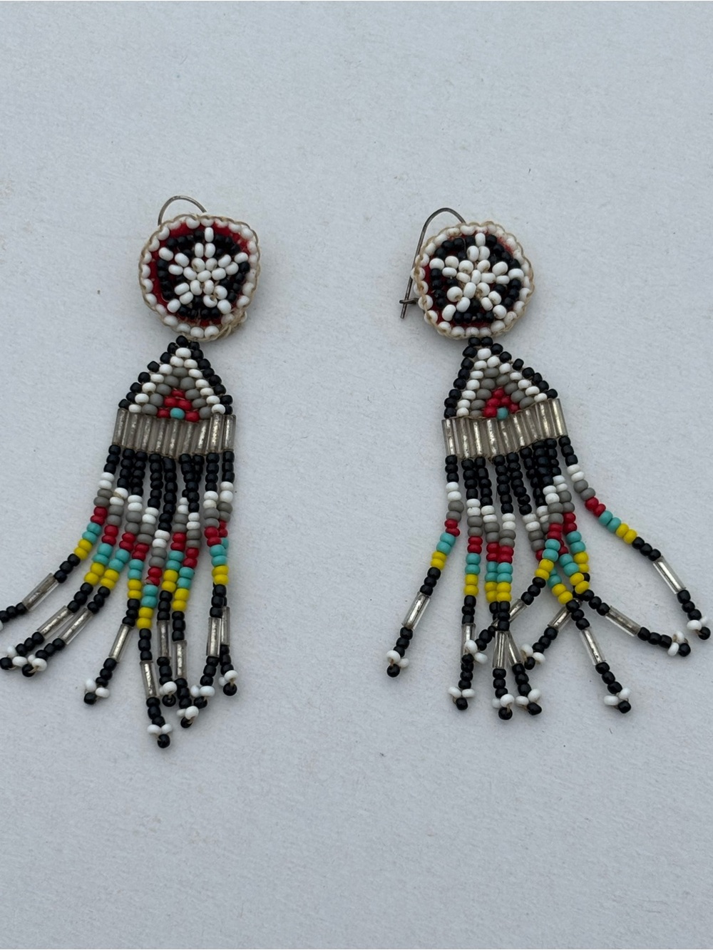 Vintage Native American Beaded Dangle Earrings Seed Bead Fringe Leather Backing